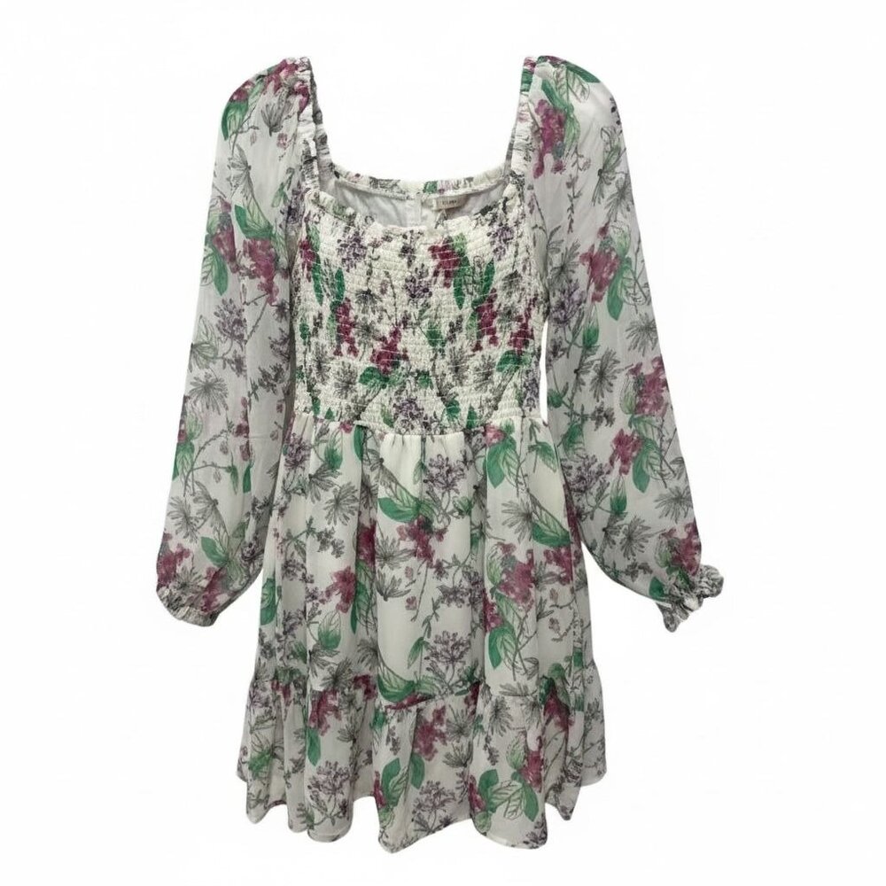 Steve Madden Floral Smocked Long-Sleeve Mini Dress Size M 100% Polyester